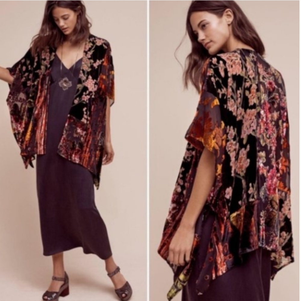 Anthropologie Floreat Lykke Patched Velvet Floral Sheer Kimono Women's One Size
